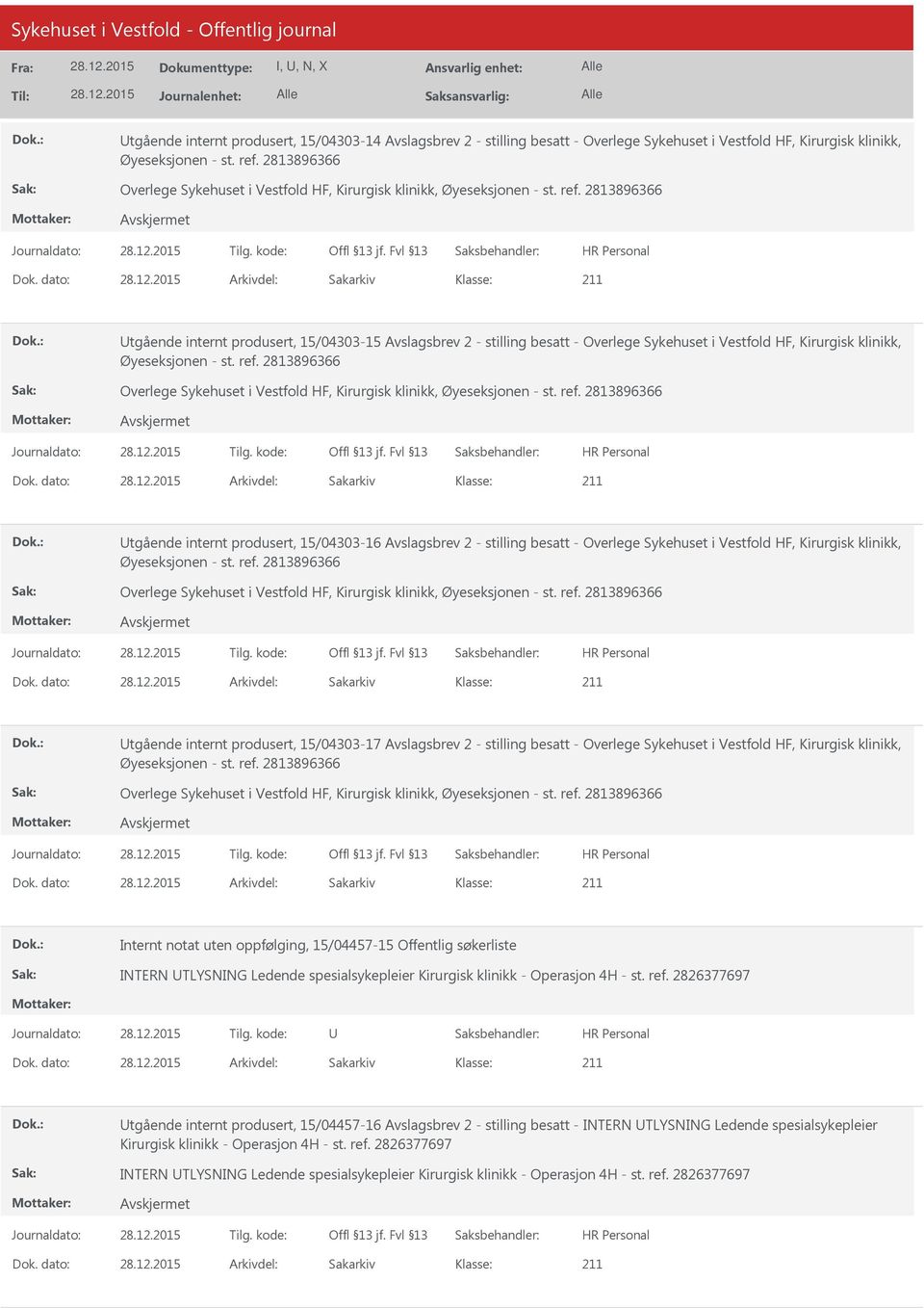 dato: Arkivdel: Sakarkiv tgående internt produsert, 15/04303-15 Avslagsbrev 2 - stilling besatt - Overlege Sykehuset i Vestfold HF, Kirurgisk klinikk, Øyeseksjonen - st. ref.