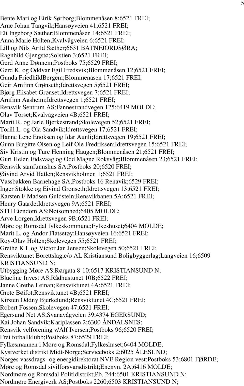 og Oddvar Egil Fredsvik;Blommenåsen 12;6521 FREI; Gunda FriedhildBergem;Blommenåsen 17;6521 FREI; Geir Arnfinn Grønseth;Idrettsvegen 5;6521 FREI; Bjørg Elisabet Grønset;Idrettsvegen 7;6521 FREI;