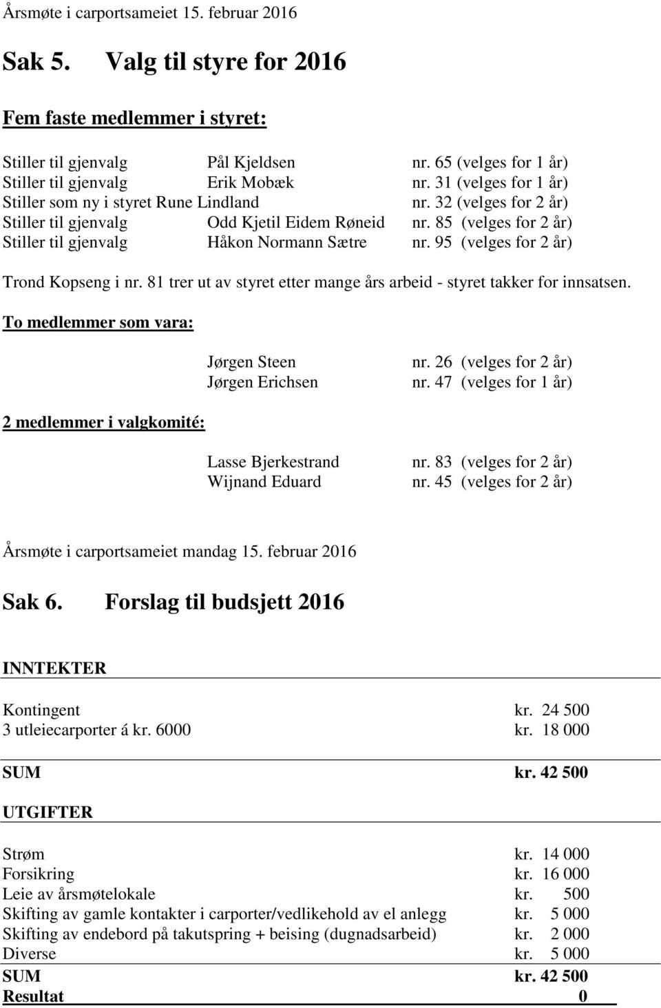 95 (velges for 2 år) Trond Kopseng i nr. 81 trer ut av styret etter mange års arbeid - styret takker for innsatsen. To medlemmer som vara: Jørgen Steen Jørgen Erichsen nr. 26 (velges for 2 år) nr.