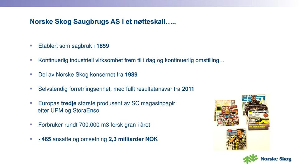 omstilling Del av Norske Skog konsernet fra 1989 Selvstendig forretningsenhet, med fullt resultatansvar