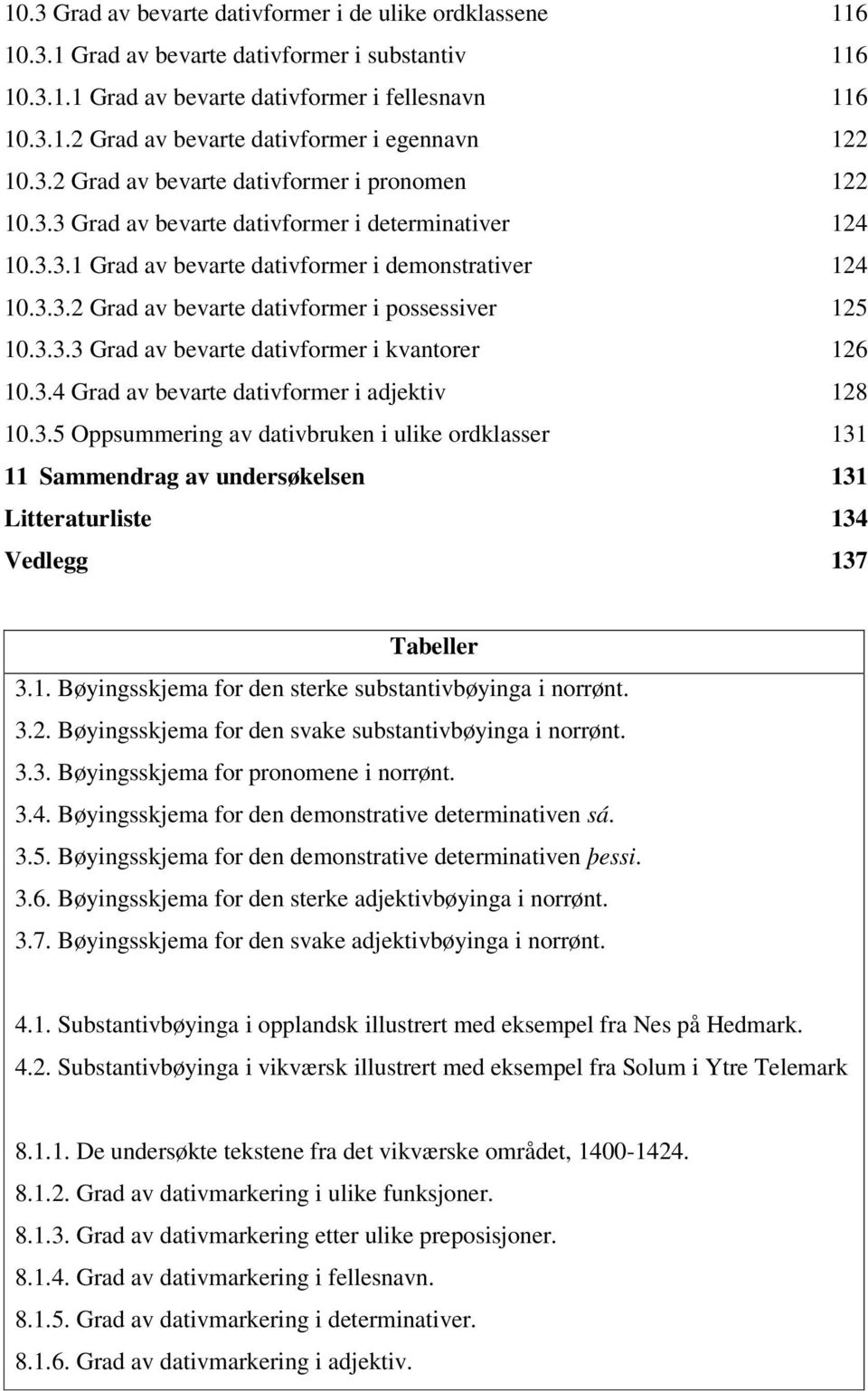 3.3.3 Grad av bevarte dativformer i kvantorer 126 10.3.4 Grad av bevarte dativformer i adjektiv 128 10.3.5 Oppsummering av dativbruken i ulike ordklasser 131 11 Sammendrag av undersøkelsen 131 Litteraturliste 134 Vedlegg 137 Tabeller 3.