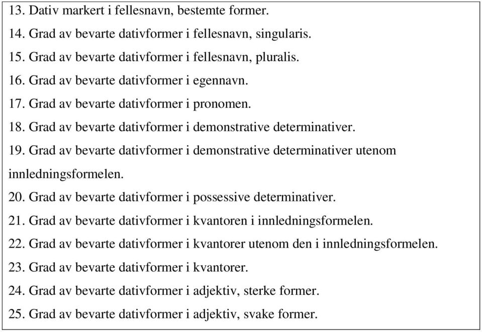 Grad av bevarte dativformer i demonstrative determinativer utenom innledningsformelen. 20. Grad av bevarte dativformer i possessive determinativer. 21.