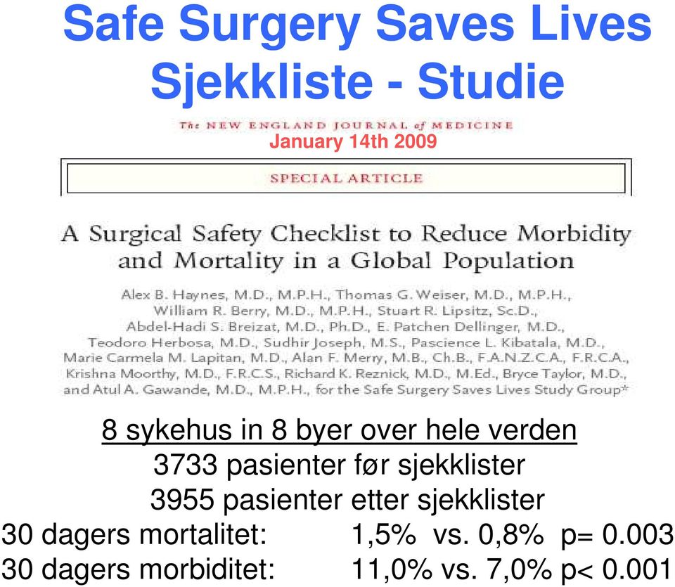 sjekklister 3955 pasienter etter sjekklister 30 dagers