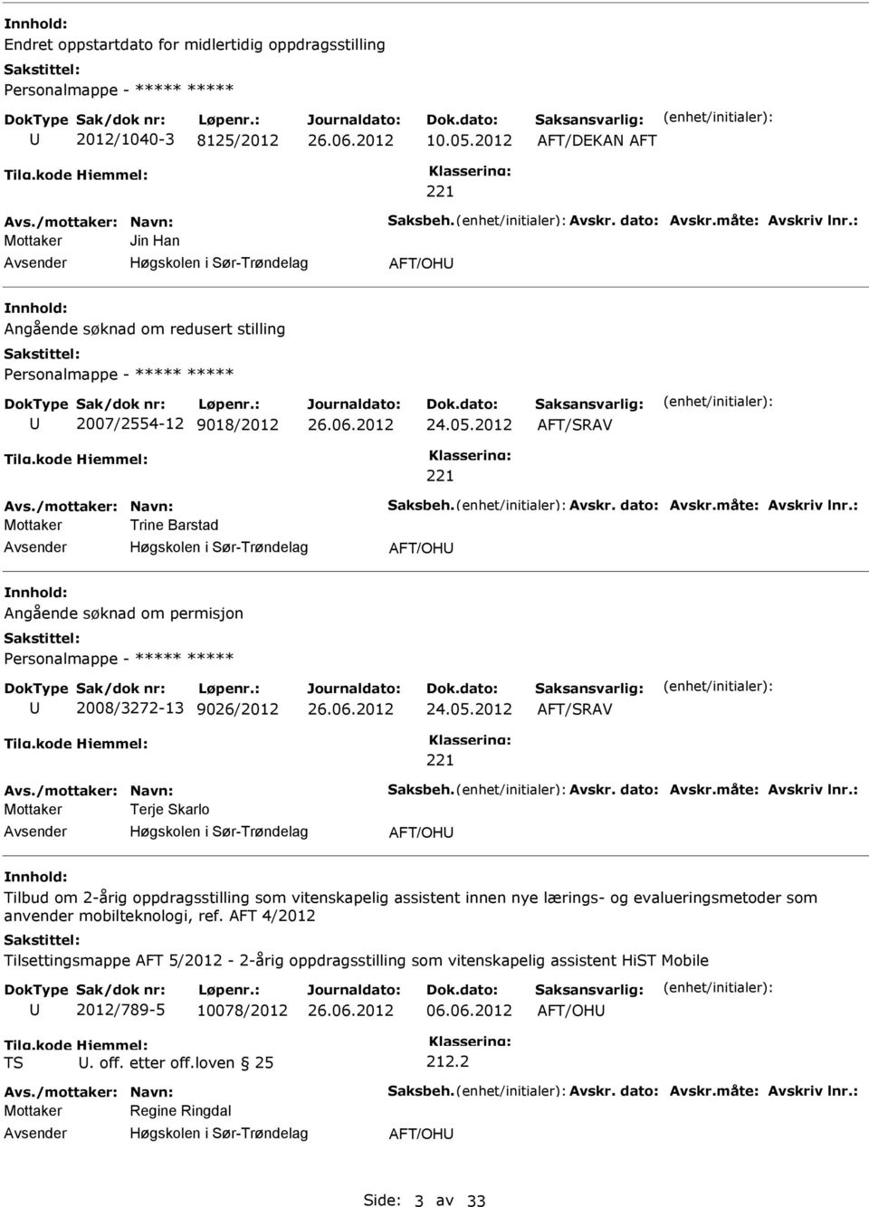 2012 AFT/RAV Mottaker Trine Barstad Høgskolen i ør-trøndelag AFT/OH Angående søknad om permisjon ersonalmappe - ***** ***** 2008/3272-13 9026/2012 24.05.
