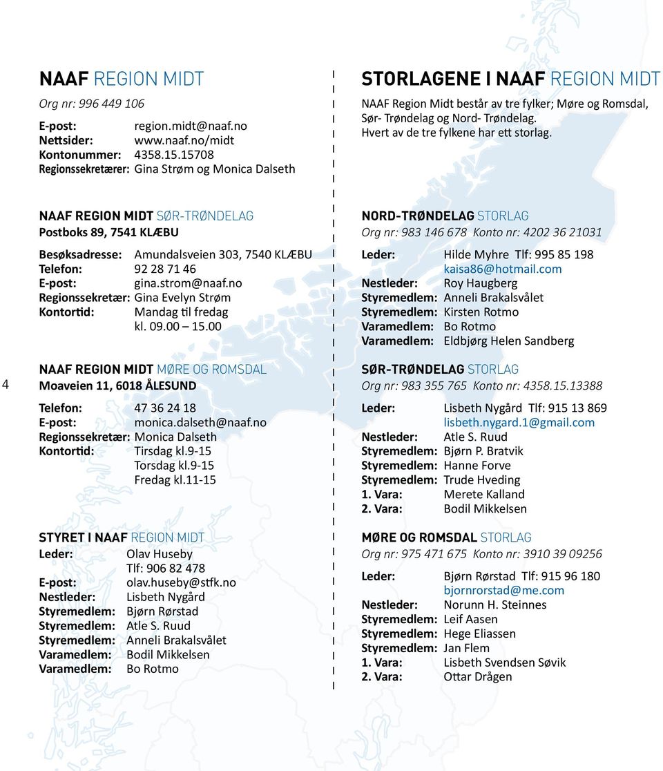 Hvert av de tre fylkene har ett storlag. 4 NAAF REGION MIDT SØR-TRØNDELAG Postboks 89, 7541 KLÆBU Besøksadresse: Amundalsveien 303, 7540 KLÆBU Telefon: 92 28 71 46 E-post: gina.strom@naaf.