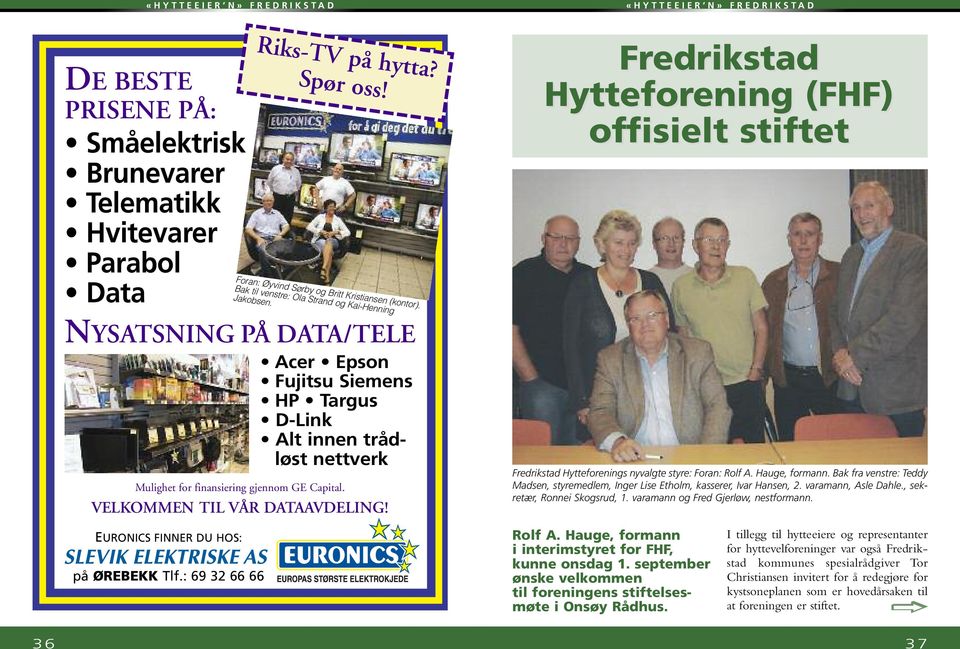 VELKOMMEN TIL VÅR DATAAVDELING! Fredrikstad Hytteforening (FHF) offisielt stiftet Fredrikstad Hytteforenings nyvalgte styre: Foran: Rolf A. Hauge, formann.