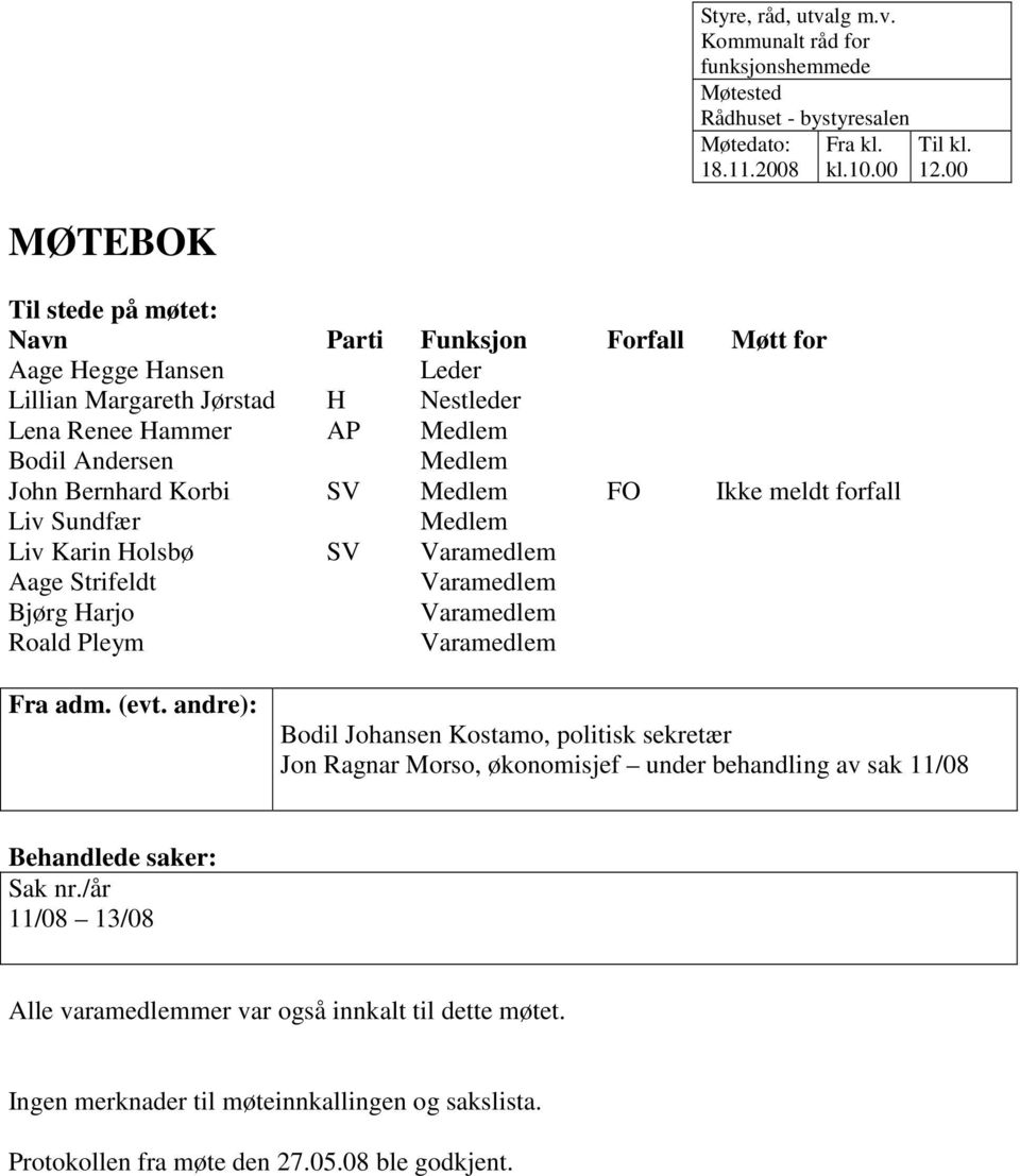 Bernhard Korbi SV Medlem FO Ikke meldt forfall Liv Sundfær Medlem Liv Karin Holsbø SV Aage Strifeldt Bjørg Harjo Roald Pleym Fra adm. (evt.