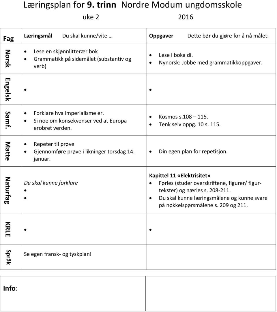 og verb) Lese i boka di. Nynorsk: Jobbe med grammatikkoppgaver. Forklare hva imperialisme er. Si noe om konsekvenser ved at Europa erobret verden. Kosmos s.08. Tenk selv oppg.