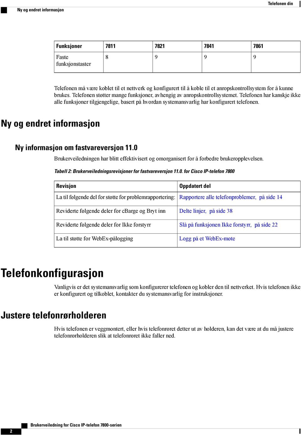 Telefonen har kanskje ikke alle funksjoner tilgjengelige, basert på hvordan systemansvarlig har konfigurert telefonen. Ny og endret informasjon Ny informasjon om fastvareversjon 11.