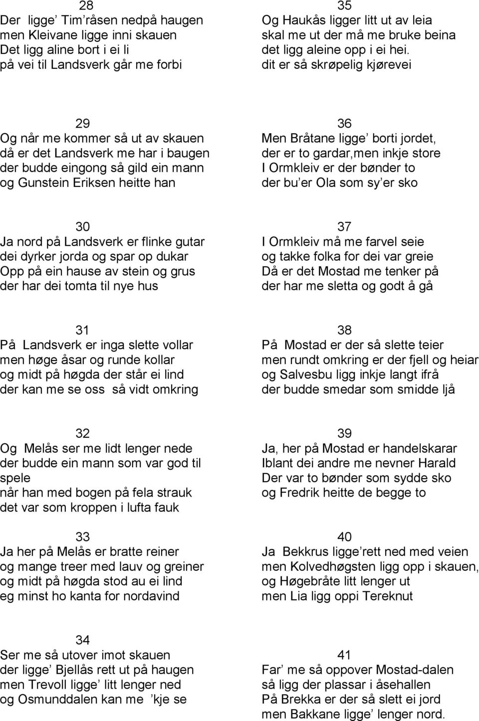 dit er så skrøpelig kjørevei 29 Og når me kommer så ut av skauen då er det Landsverk me har i baugen der budde eingong så gild ein mann og Gunstein Eriksen heitte han 36 Men Bråtane ligge borti