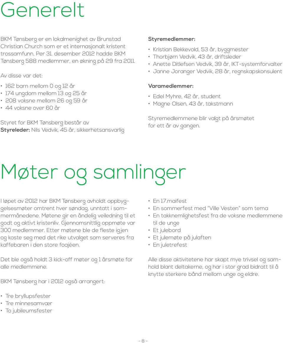 sikkerhetsansvarlig Styremedlemmer: Kristian Bekkevold, 53 år, byggmester Thorbjørn Vedvik, 43 år, driftsleder Anette Ditlefsen Vedvik, 39 år, IKT-systemforvalter Janne Joranger Vedvik, 28 år,