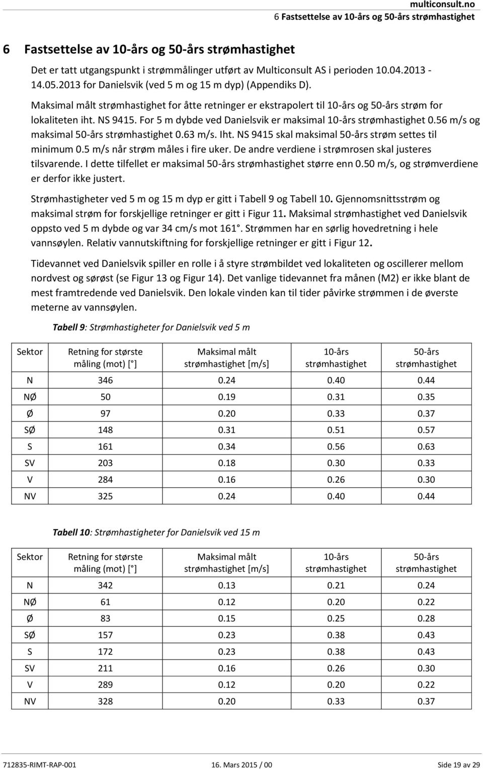 For 5 m dybde ved Danielsvik er maksimal 10-års strømhastighet 0.56 m/s og maksimal 50-års strømhastighet 0.63 m/s. Iht. NS 9415 skal maksimal 50-års strøm settes til minimum 0.