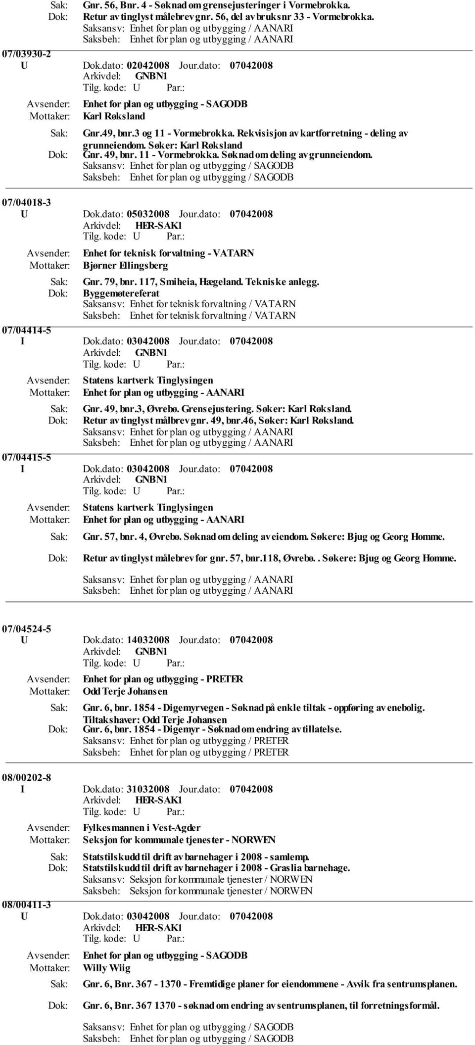 Saksansv: Enhet for plan og utbygging / SAGODB Saksbeh: Enhet for plan og utbygging / SAGODB 07/04018-3 U Dok.dato: 05032008 Jour.dato: Enhet for teknisk forvaltning - VATARN Bjørner Ellingsberg Gnr.