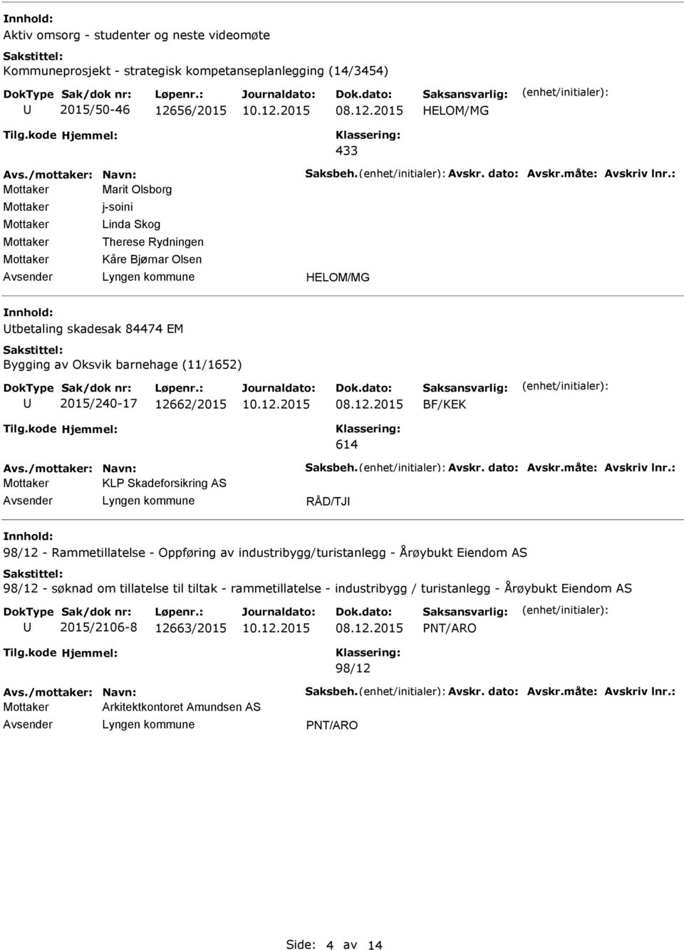 12662/2015 BF/KEK 614 KLP Skadeforsikring S RÅD/TJ 98/12 - Rammetillatelse - Oppføring av industribygg/turistanlegg - Årøybukt Eiendom S 98/12 - søknad