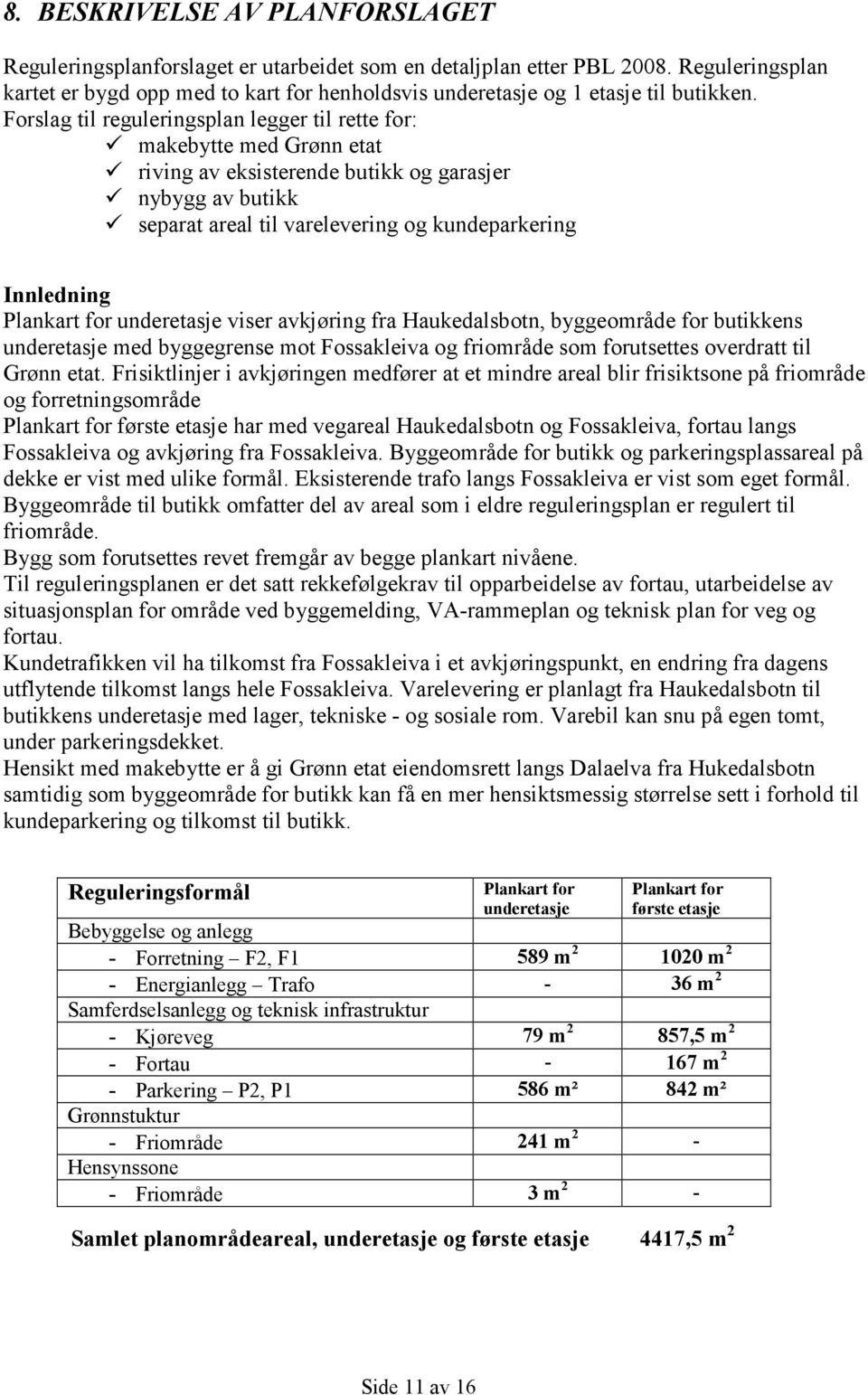 Forslag til reguleringsplan legger til rette for: makebytte med Grønn etat riving av eksisterende butikk og garasjer nybygg av butikk separat areal til varelevering og kundeparkering Innledning