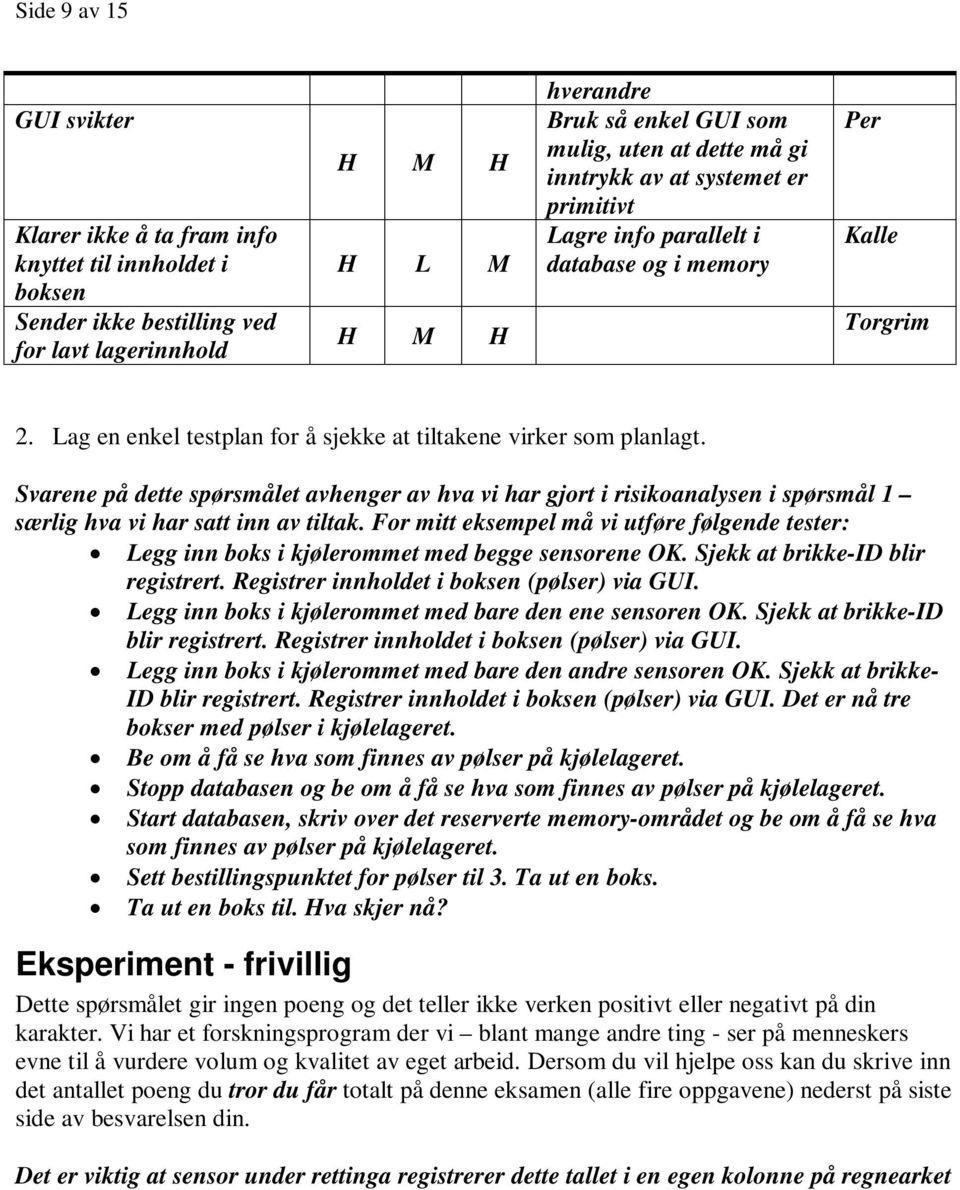 Svarene på dette spørsmålet avhenger av hva vi har gjort i risikoanalysen i spørsmål 1 særlig hva vi har satt inn av tiltak.