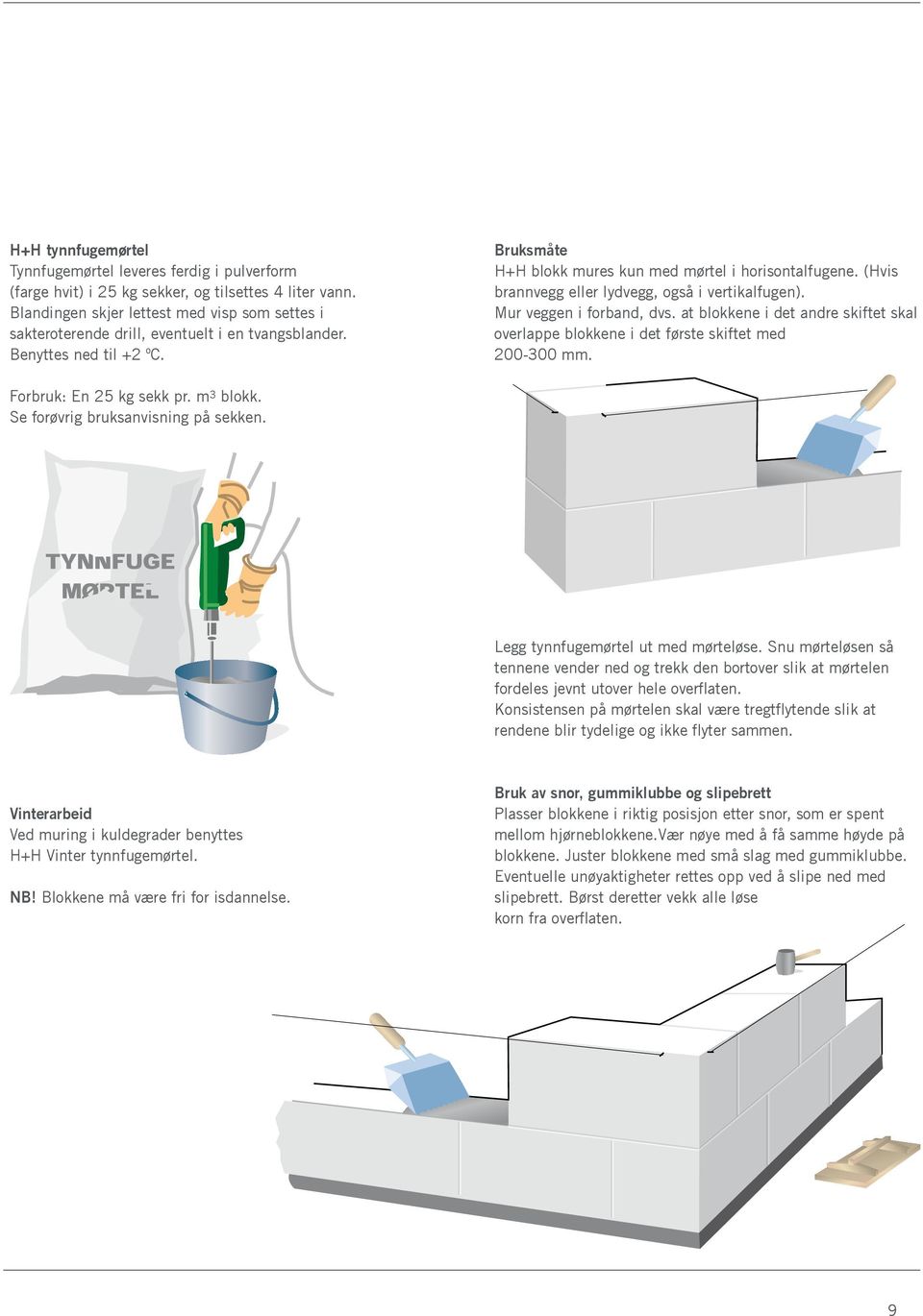 (Hvis brannvegg eller lydvegg, også i vertikalfugen). Mur veggen i forband, dvs. at blokkene i det andre skiftet skal overlappe blokkene i det første skiftet med 200-300. Forbruk: En 25 kg sekk pr.