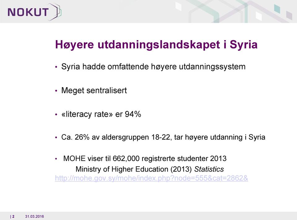 26% av aldersgruppen 18-22, tar høyere utdanning i Syria MOHE viser til 662,000