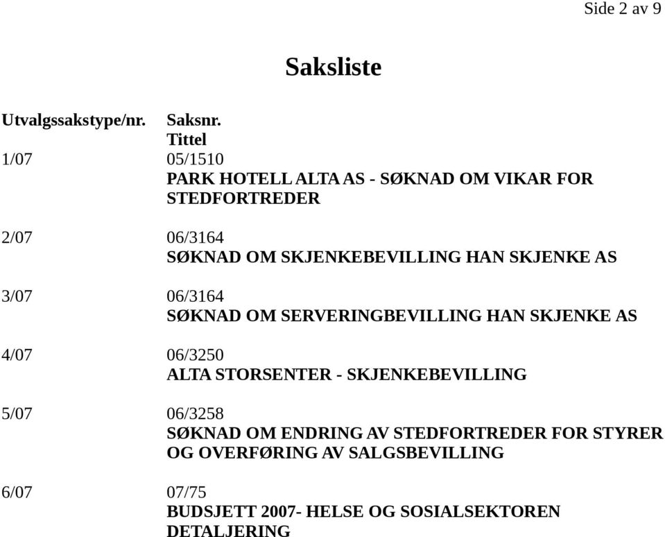 SKJENKEBEVILLING HAN SKJENKE AS 3/07 06/3164 SØKNAD OM SERVERINGBEVILLING HAN SKJENKE AS 4/07 06/3250 ALTA