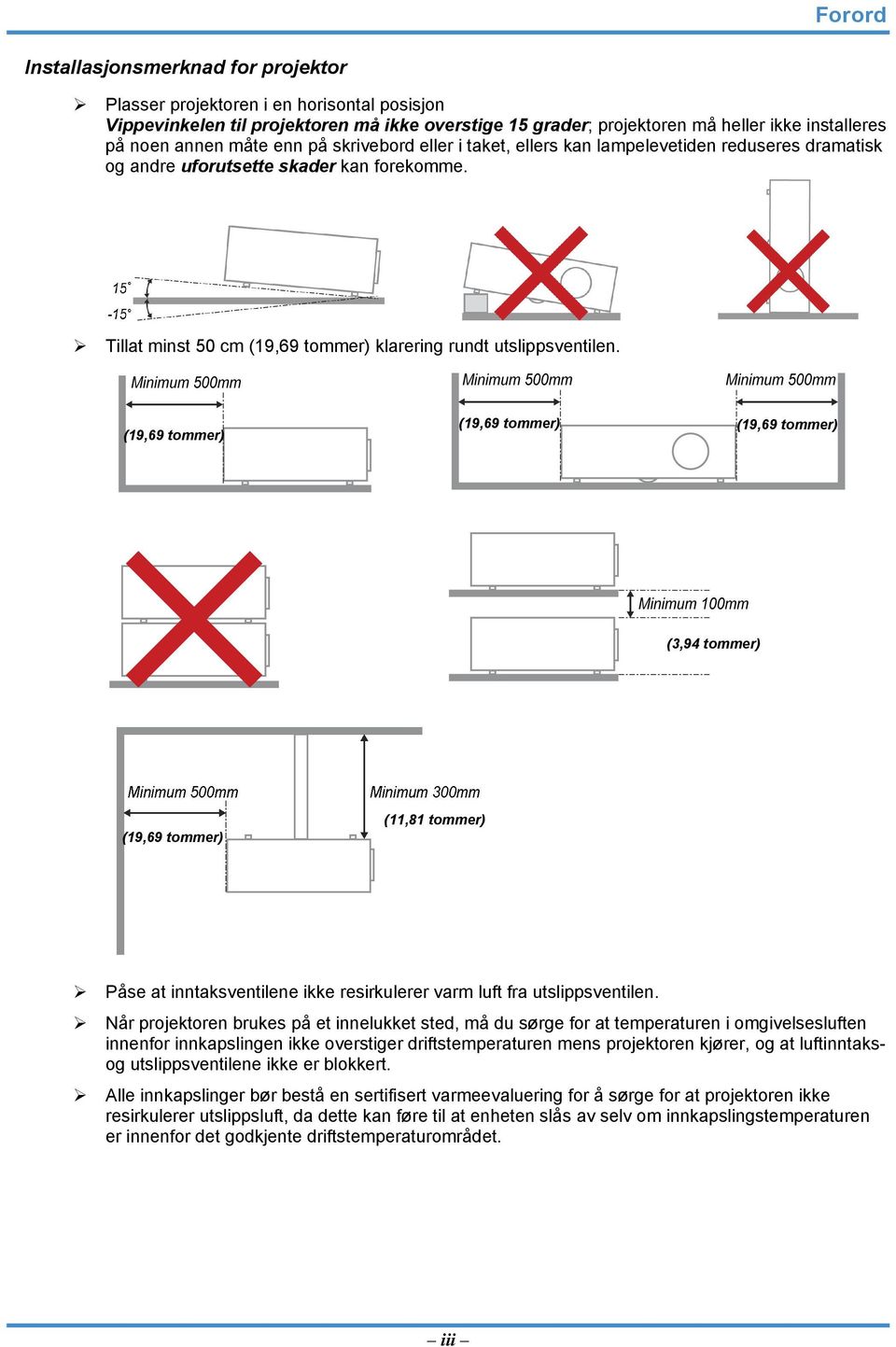 (19,69 tommer) (19,69 tommer) (19,69 tommer) (3,94 tommer) (19,69 tommer) (11,81 tommer) Påse at inntaksventilene ikke resirkulerer varm luft fra utslippsventilen.