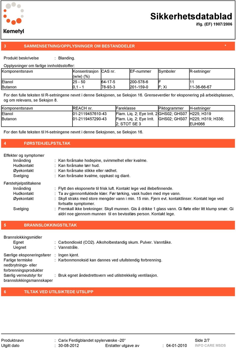 Seksjon 16. Grenseverdier for eksponering på arbeidsplassen, og om relevans, se Seksjon 8. Komponentsnavn REACH nr. Fareklasse Piktogrammer H-setninger Etanol 01-2119457610-43 Flam. Liq. 2; Eye Irrit.