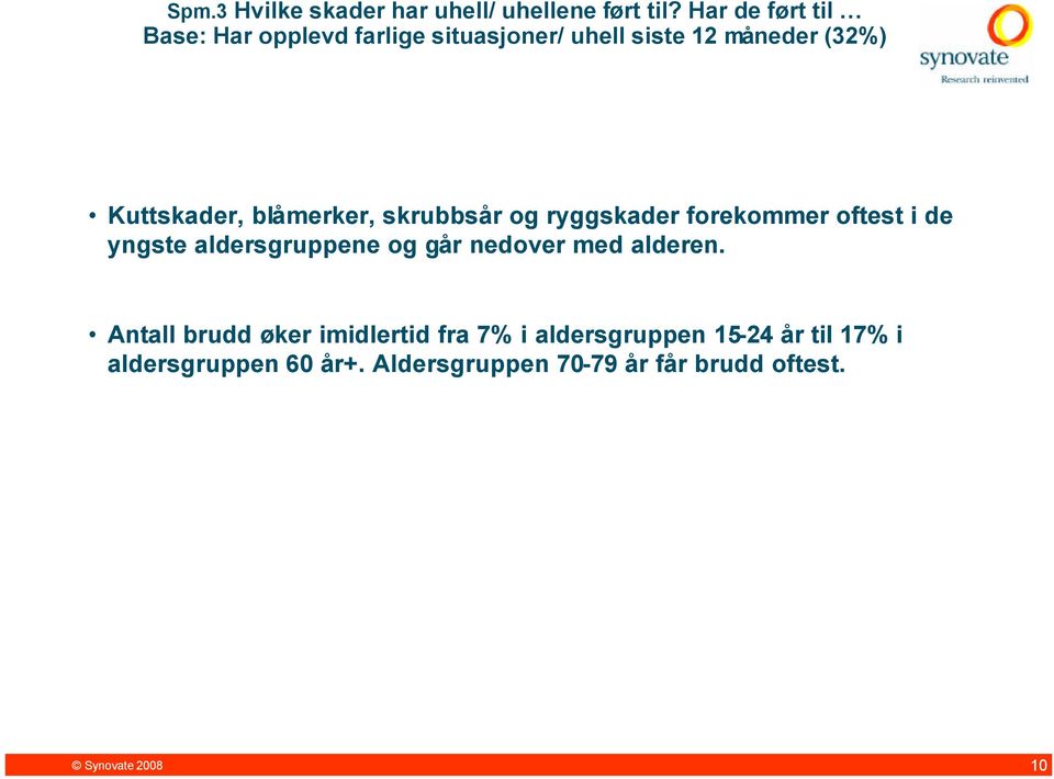 blåmerker, skrubbsår og ryggskader forekommer oftest i de yngste aldersgruppene og går nedover