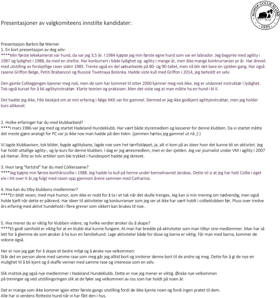 Har drevet med utstilling av forskjellige raser siden 1985. Trente også en del søksarbeide på 80- og 90-tallet, men nå blir det bare en sjelden gang.