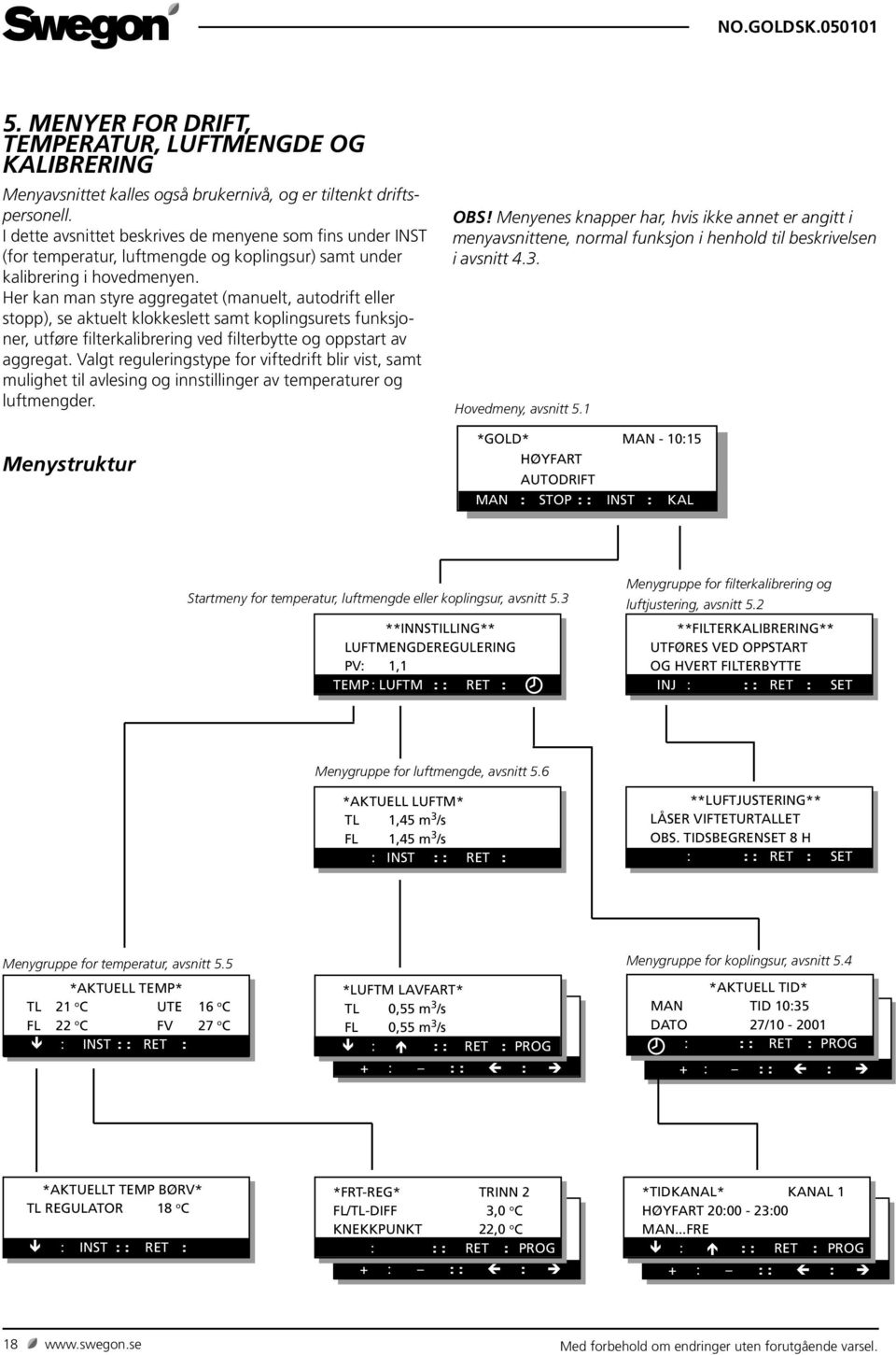 Her kan man styre aggregatet (manuelt, autodrift eller stopp), se aktuelt klokkeslett samt koplingsurets funksjoner, utføre filterkalibrering ved filterbytte og oppstart av aggregat.