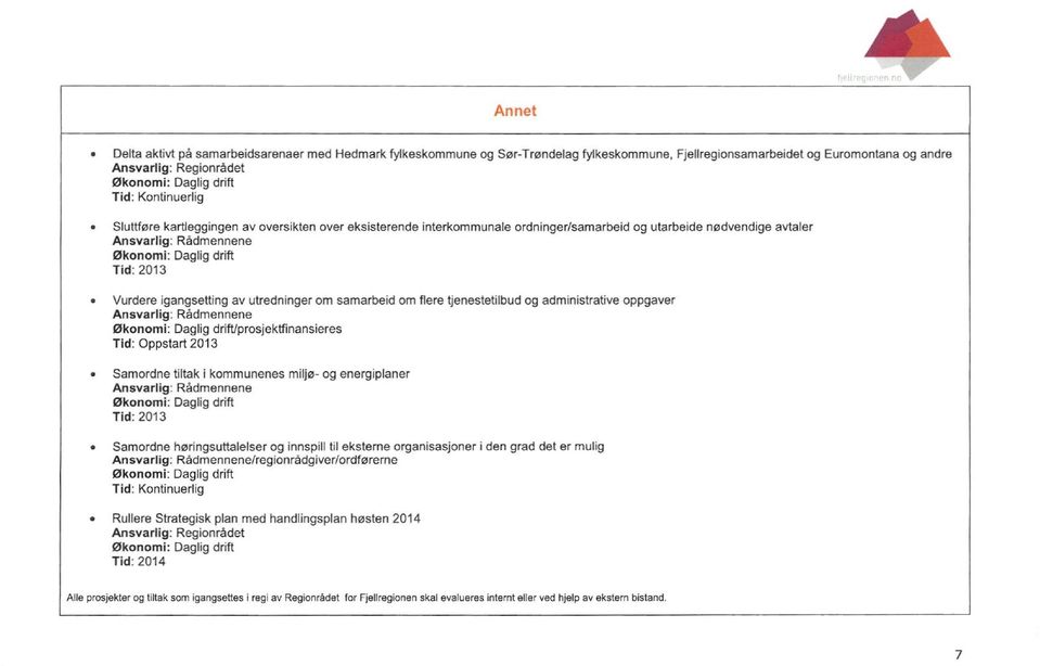 igangsetting av utredninger om samarbeid om flere tjenestetilbud og administrative oppgaver Ansvarlig: Rådmennene Økonomi: Daglig drift/prosjektfinansieres Tid: Oppstart 2013 Samordne tiltak i