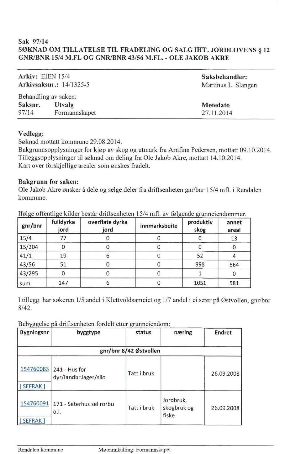 10.2014. Tilleggsopplysninger til søknad om deling fra Ole Jakob Akre, mottatt 14.10.2014. Kart over forskjellige arealer som ønskes fradelt.