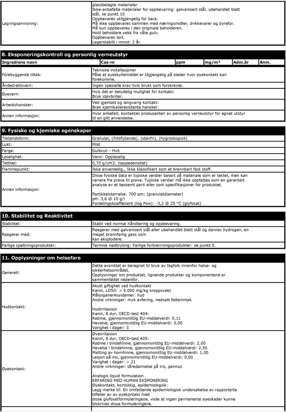 Eksponeringskontroll og personlig verneutstyr Ingrediens navn Cas-nr ppm mg/m³ Adm.år Anm.