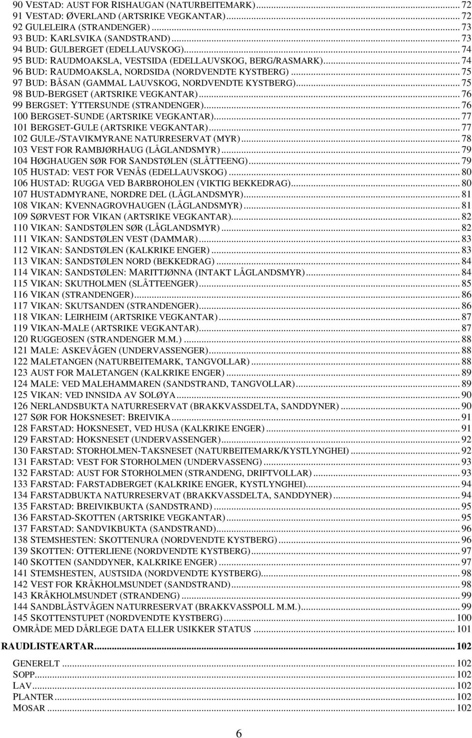 .. 75 97 BUD: BÅSAN (GAMMAL LAUVSKOG, NORDVENDTE KYSTBERG)... 75 98 BUD-BERGSET (ARTSRIKE VEGKANTAR)... 76 99 BERGSET: YTTERSUNDE (STRANDENGER)... 76 100 BERGSET-SUNDE (ARTSRIKE VEGKANTAR).