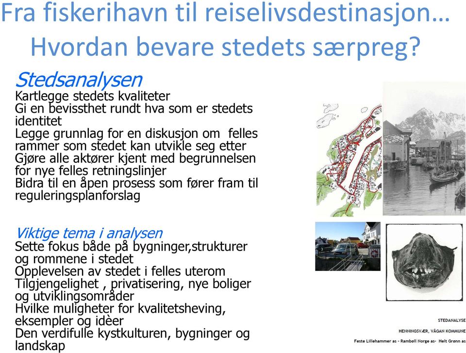 etter Gjøre alle aktører kjent med begrunnelsen for nye felles retningslinjer Bidra til en åpen prosess som fører fram til reguleringsplanforslag Viktige tema i analysen