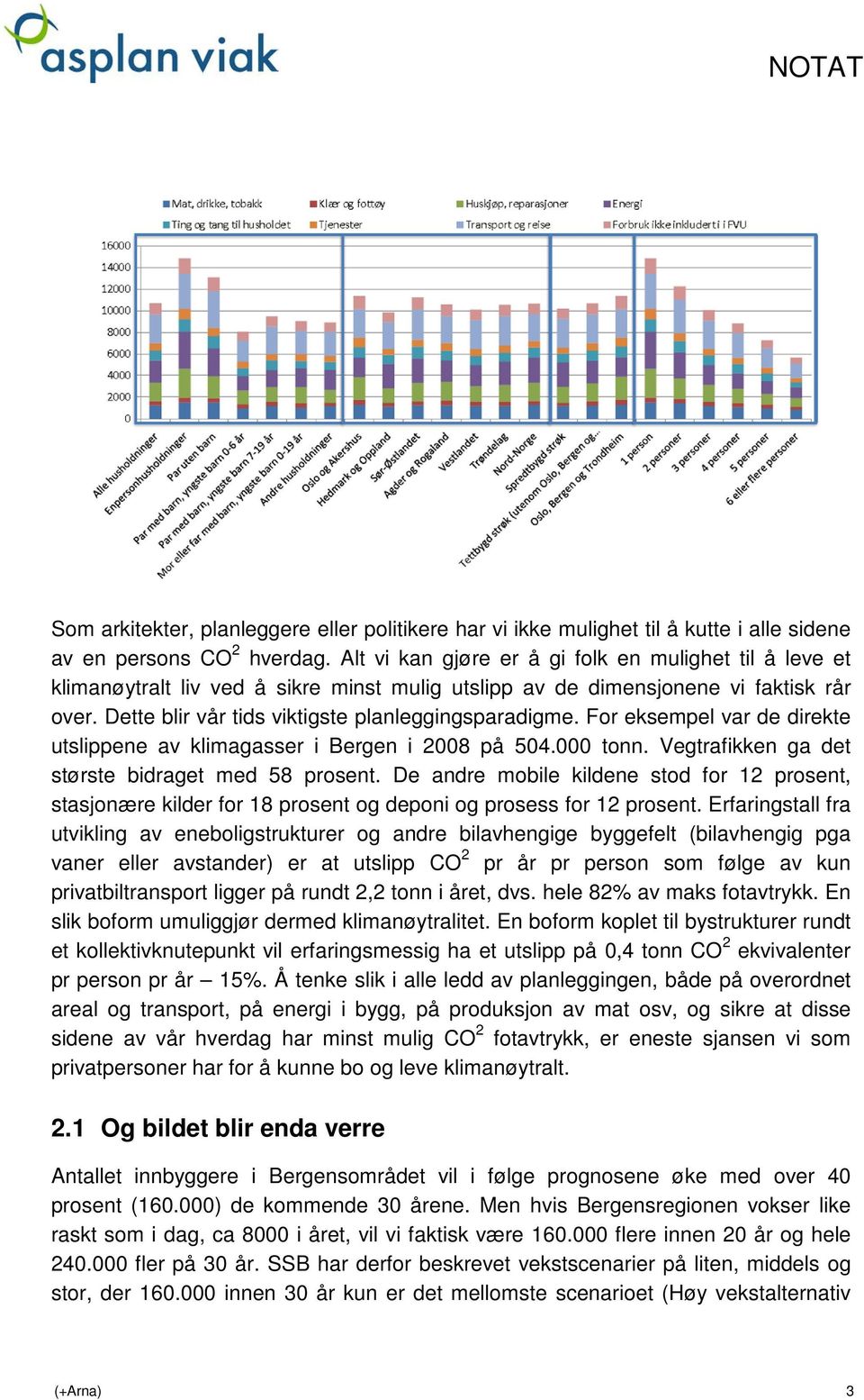 For eksempel var de direkte utslippene av klimagasser i Bergen i 2008 på 504.000 tonn. Vegtrafikken ga det største bidraget med 58 prosent.