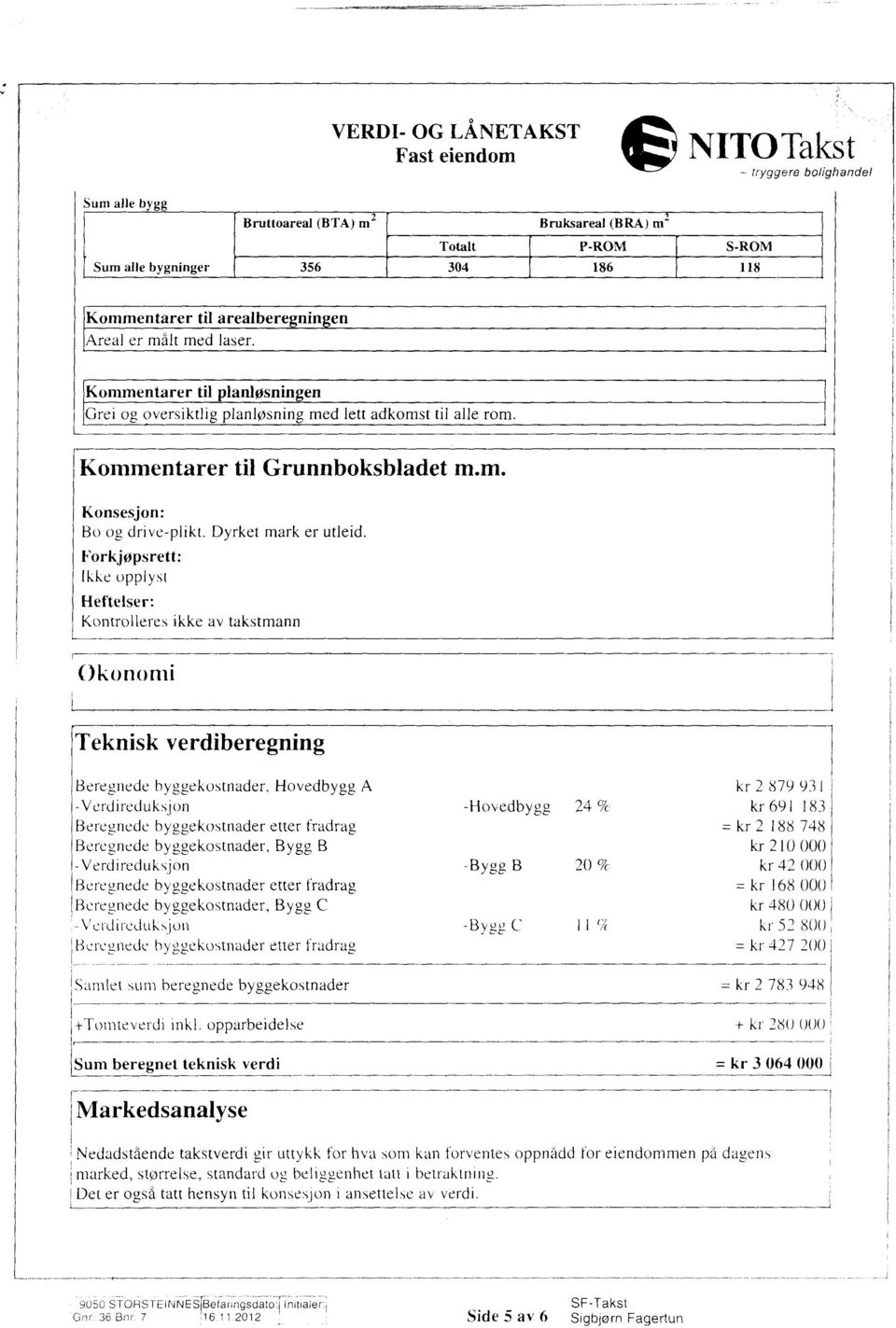 Forkjøpsrett: Ikke opplyst Hettelser: Kontrolleres ikke av takstmann Okonorni Teknisk verdiberegning Beregnede byggekostnader, Hovedbygg A kr 2 879 931 - V erdired u k sj on -Hovedbygg 24 % kr 691