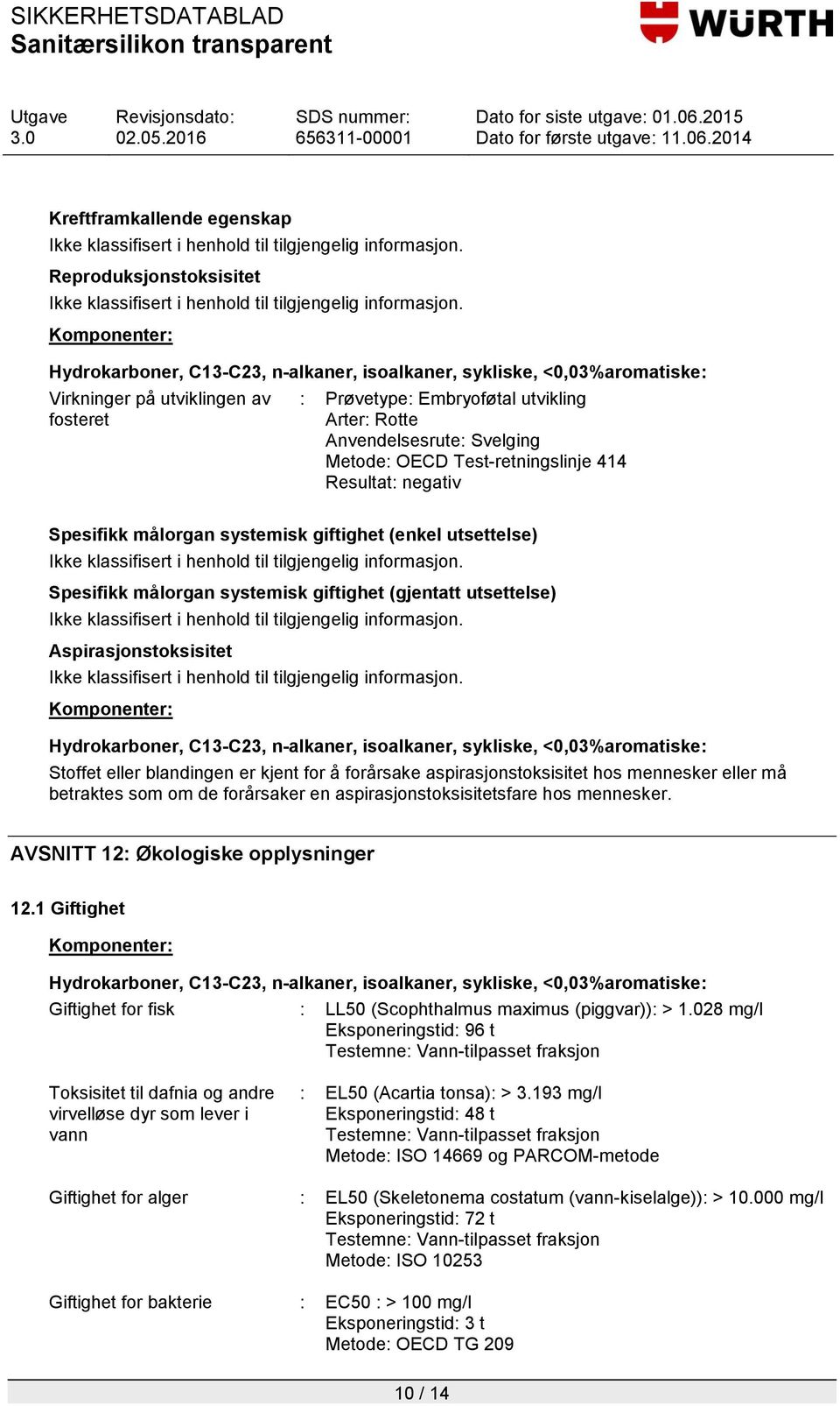 forårsake aspirasjonstoksisitet hos mennesker eller må betraktes som om de forårsaker en aspirasjonstoksisitetsfare hos mennesker. AVSNITT 12: Økologiske opplysninger 12.