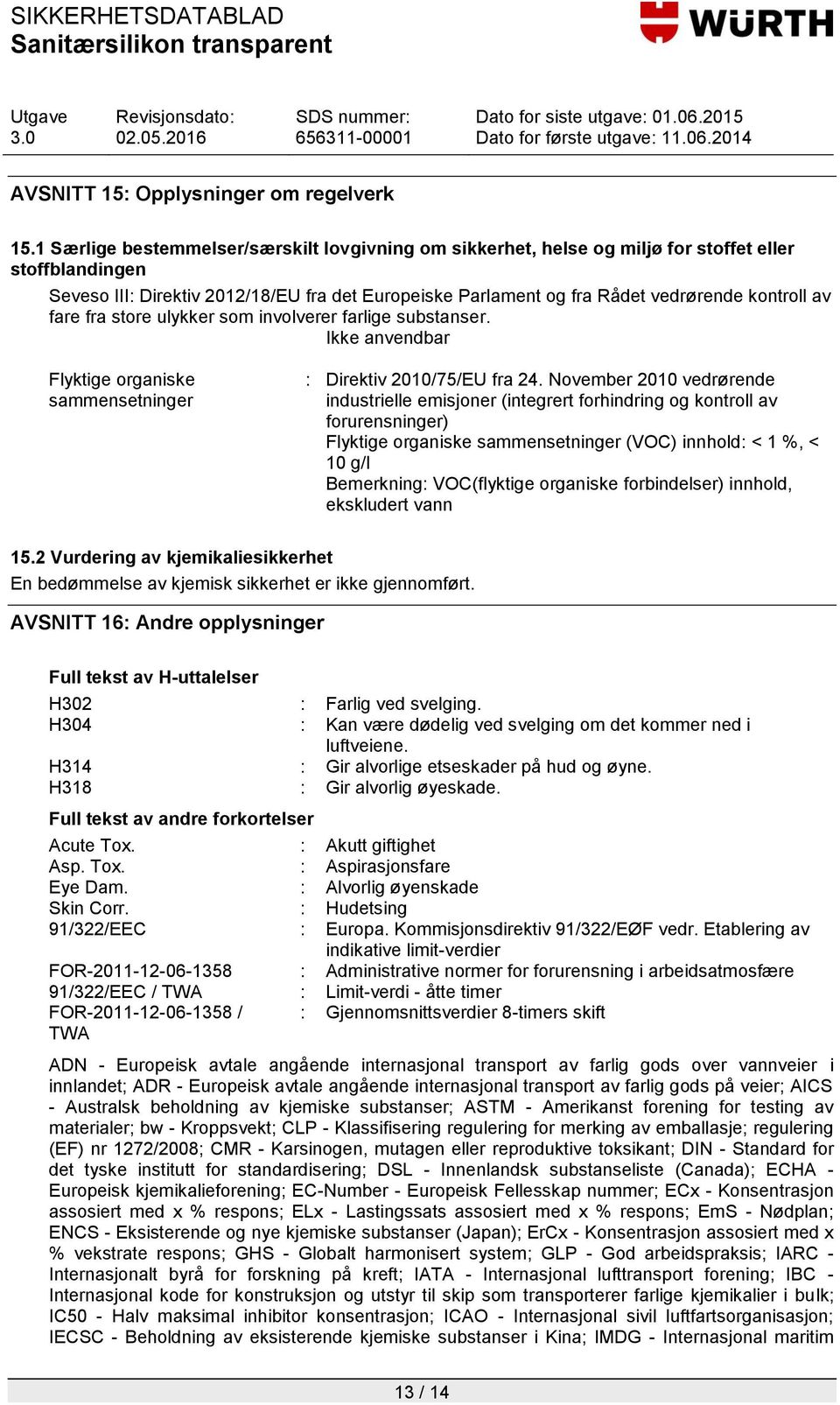 av fare fra store ulykker som involverer farlige substanser. Ikke anvendbar Flyktige organiske sammensetninger : Direktiv 2010/75/EU fra 24.