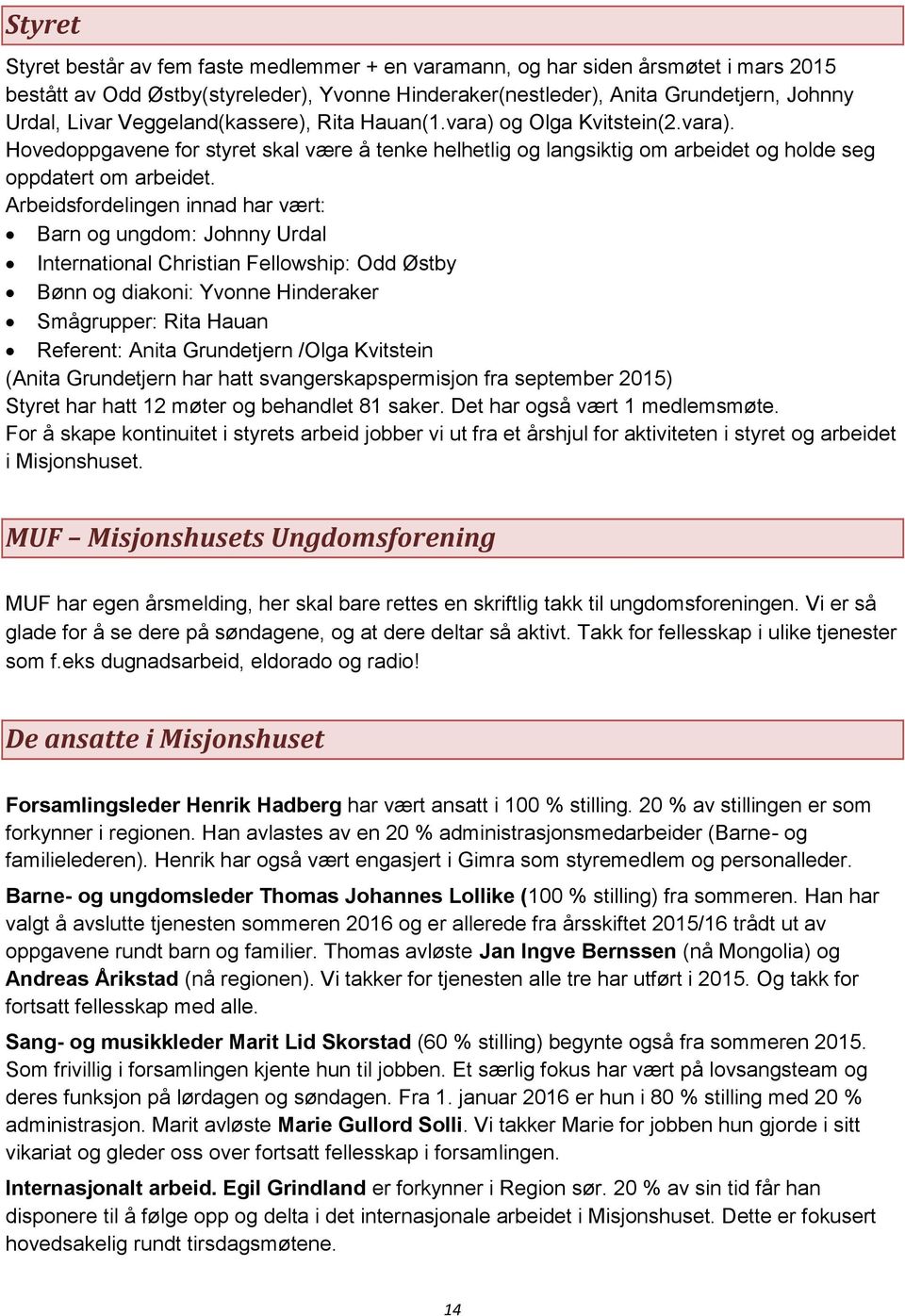 Arbeidsfordelingen innad har vært: Barn og ungdom: Johnny Urdal International Christian Fellowship: Odd Østby Bønn og diakoni: Yvonne Hinderaker Smågrupper: Rita Hauan Referent: Anita Grundetjern