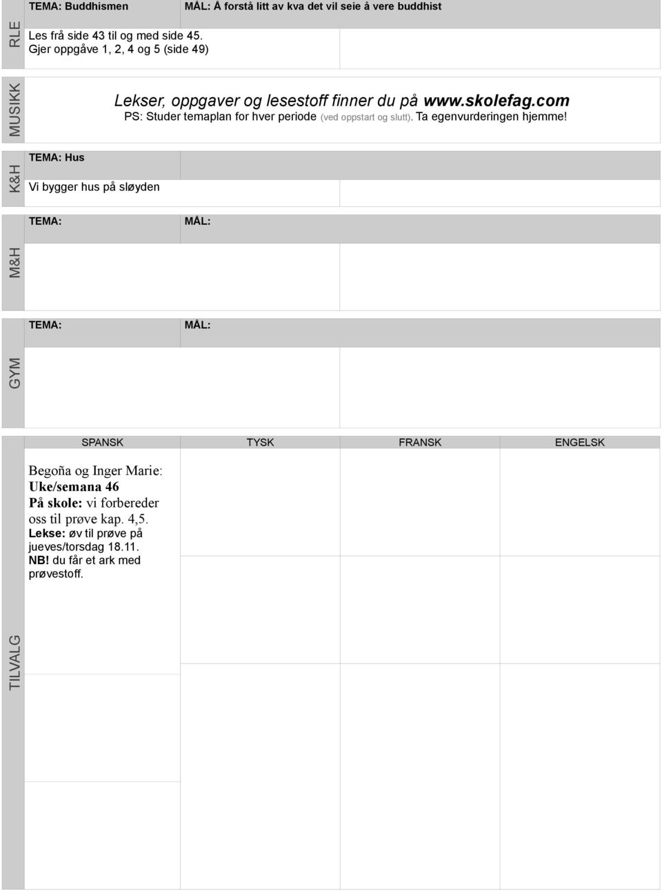 com PS: Studer temaplan for hver periode (ved oppstart og slutt). Ta egenvurderingen hjemme!