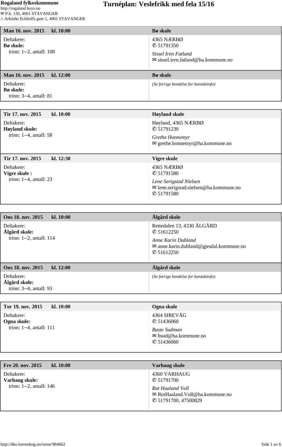 serigstad.nielsen@ha.kommune.no 51791580 Ons 18. nov. 2015 kl. 10:00 ڈlg rd skole ڈlg rd skole: trinn: 12, antall: 114 Rettedalen 13, 4330 ڈLGڈRD 51612250 Anne Karin Dubland anne.karin.