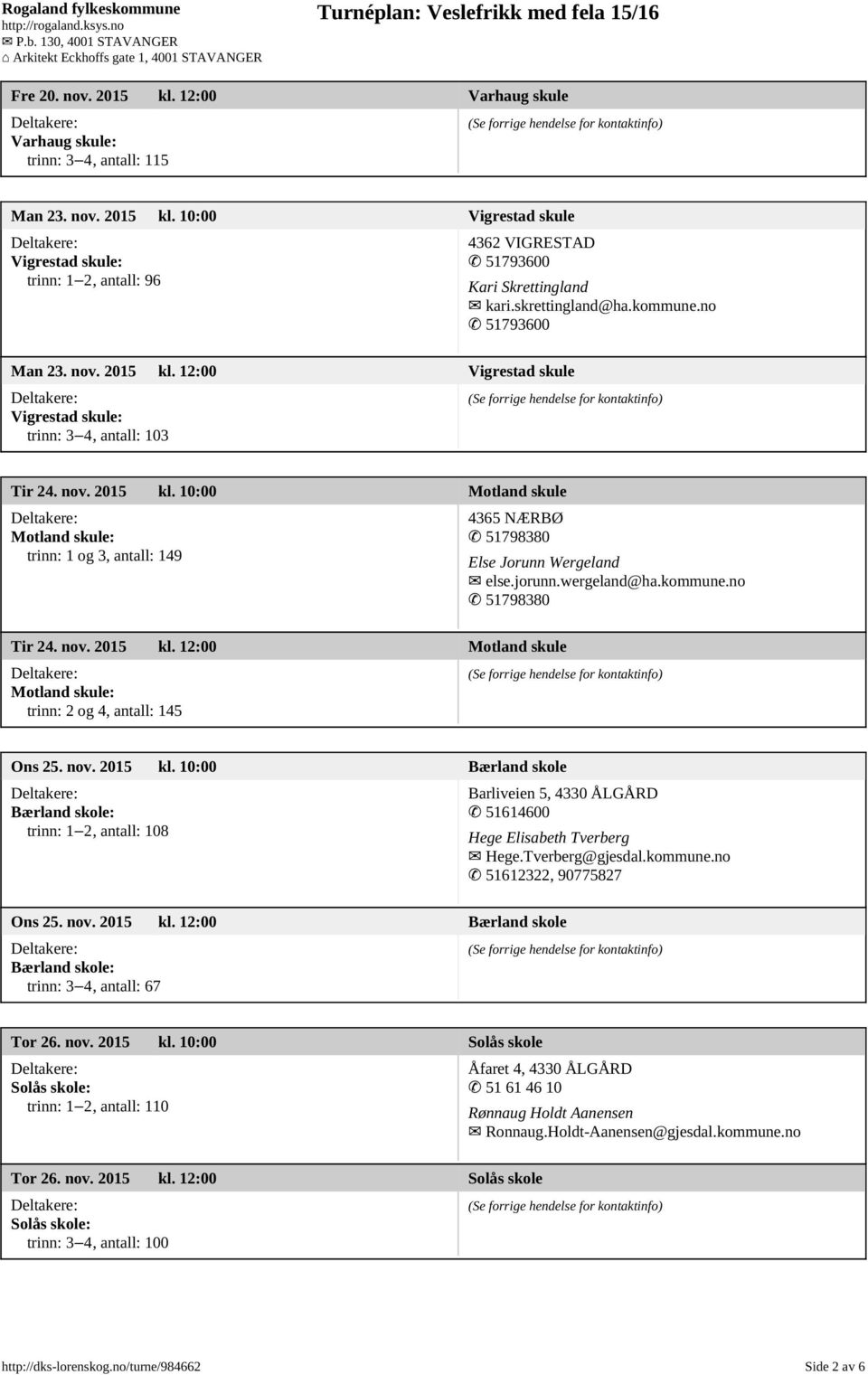 jorunn.wergeland@ha.kommune.no 51798380 Tir 24. nov. 2015 kl. 12:00 Motland skule Motland skule: trinn: 2 og 4, antall: 145 Ons 25. nov. 2015 kl. 10:00 B rland skole B rland skole: trinn: 12, antall: 108 Barliveien 5, 4330 ڈLGڈRD 51614600 Hege Elisabeth Tverberg Hege.
