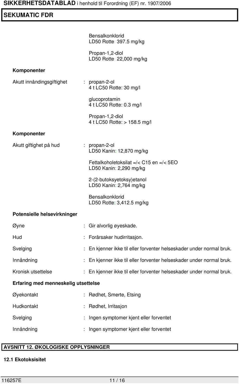 5 mg/l Komponenter Akutt giftighet på hud : propan-2-ol LD50 Kanin: 12,870 mg/kg Fettalkoholetoksilat =/< C15 en =/< 5EO LD50 Kanin: 2,290 mg/kg 2-(2-butoksyetoksy)etanol LD50 Kanin: 2,764 mg/kg