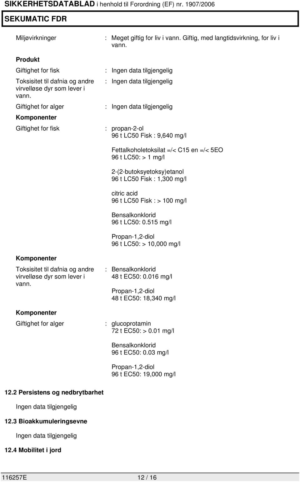 : propan-2-ol 96 t LC50 Fisk : 9,640 mg/l Fettalkoholetoksilat =/< C15 en =/< 5EO 96 t LC50: > 1 mg/l 2-(2-butoksyetoksy)etanol 96 t LC50 Fisk : 1,300 mg/l citric acid 96 t LC50 Fisk : > 100 mg/l