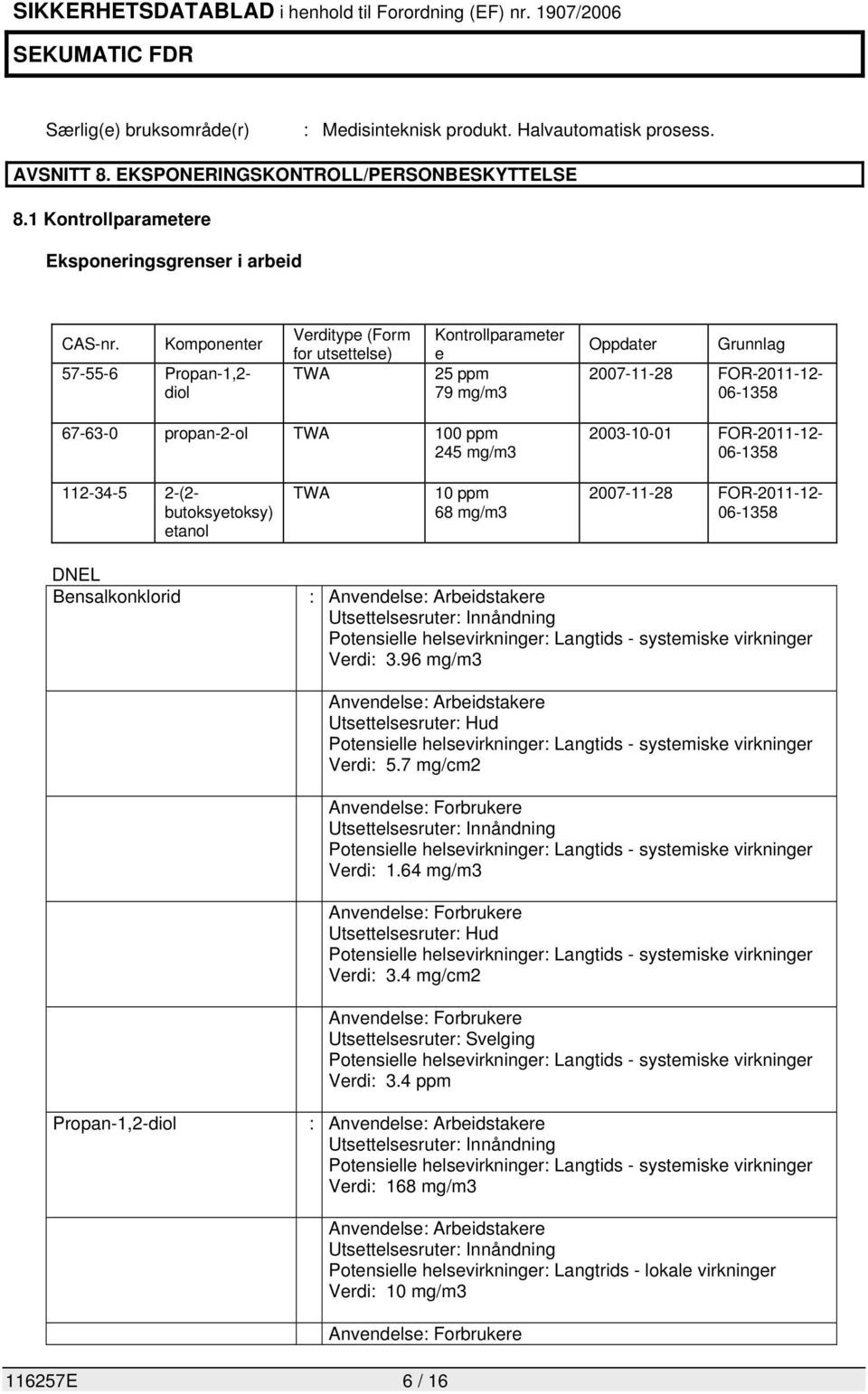 mg/m3 2003-10-01 FOR-2011-12- 06-1358 112-34-5 2-(2- butoksyetoksy) etanol TWA 10 ppm 68 mg/m3 2007-11-28 FOR-2011-12- 06-1358 DNEL Bensalkonklorid : Anvendelse: Arbeidstakere Utsettelsesruter: