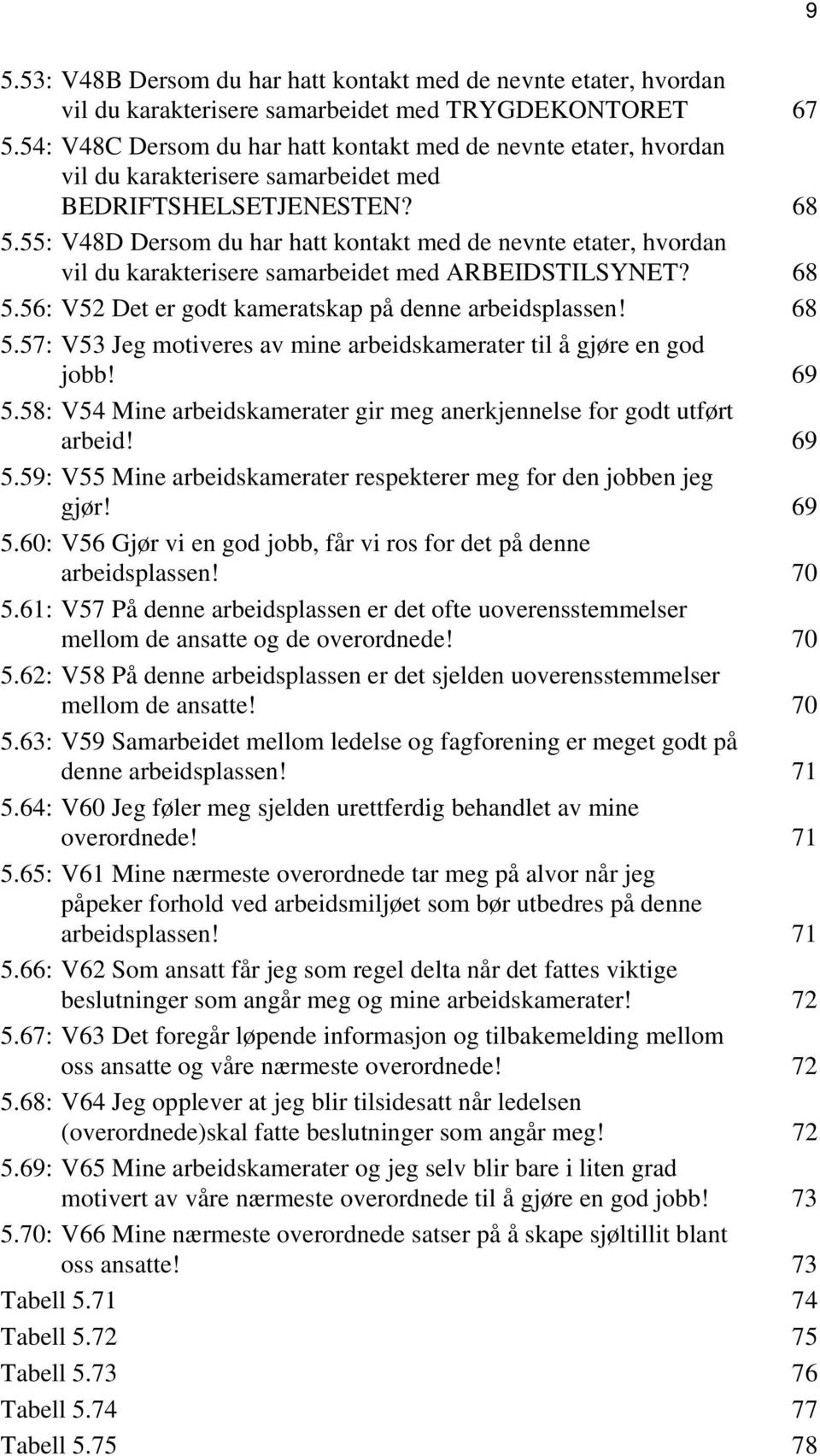 55: V48D Dersom du har hatt kontakt med de nevnte etater, hvordan vil du karakterisere samarbeidet med ARBEIDSTILSYNET? 68 5.56: V52 Det er godt kameratskap på denne arbeidsplassen! 68 5.57: V53 Jeg motiveres av mine arbeidskamerater til å gjøre en god jobb!