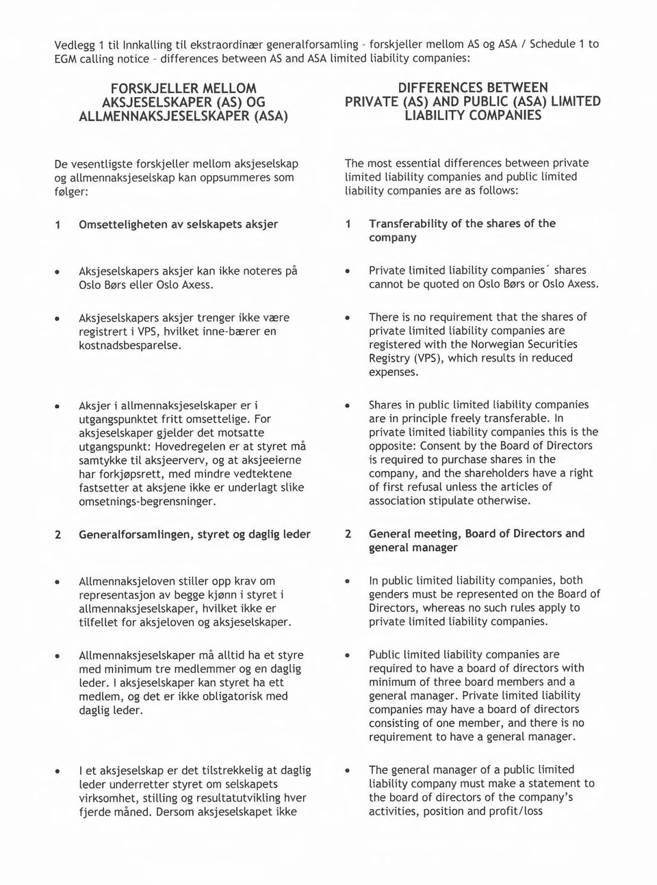 allmennaksjeselskap kan oppsummeres som følger: The most essential differences between private limited liability companies and public limited liability companies are as follows: 1 Omsetteligheten av