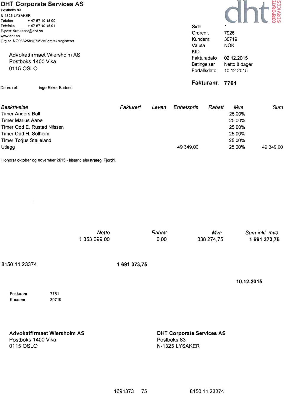 12.2015 Deres ref. Inge Ekker Bartnes Fakturanr. 7761 Beskrivelse Timer Anders Bull Timer Marius Aabø Timer Odd E. Rustad Nilssen Timer Odd H.