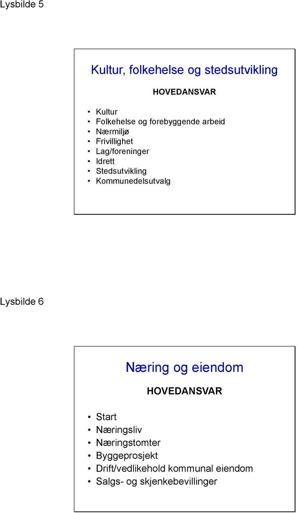 Kommunedelsutvalg Lysbilde 6 Næring og eiendom HOVEDANSVAR Start Næringsliv