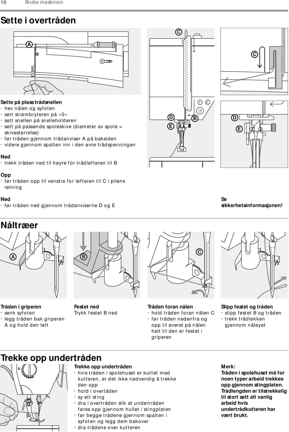 til venstre for løfteren til C i pilens retning Ned før tråden ned gjennom trådanviserne D og E Se sikkerhetsinformasjonen!