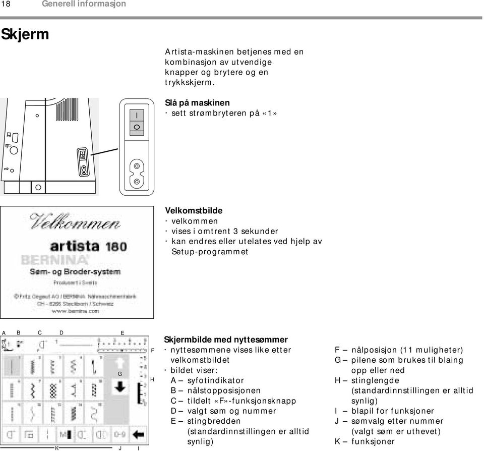 med nyttesømmer nyttesømmene vises like etter velkomstbildet bildet viser: A syfotindikator B nålstopposisjonen C tildelt «F»-funksjonsknapp D valgt søm og nummer E stingbredden